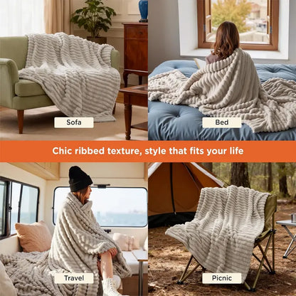 Ultra-Soft 3D Ribbed Fleece Throw Blanket | Cozy, Lightweight & Decorative