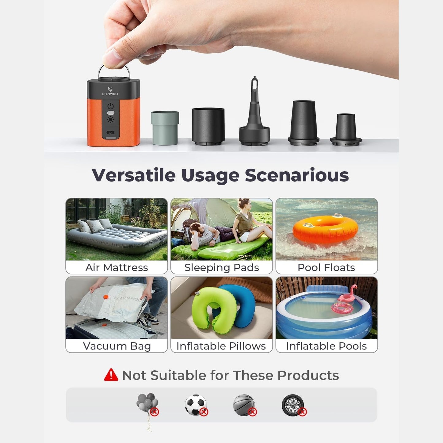 Inflate Anything In Seconds for camping, travel, beach days, and outdoor adventures.