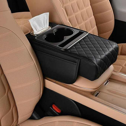 Upgrade Your Drive: Universal Armrest Cushion with Dual Cup Holders & Storage